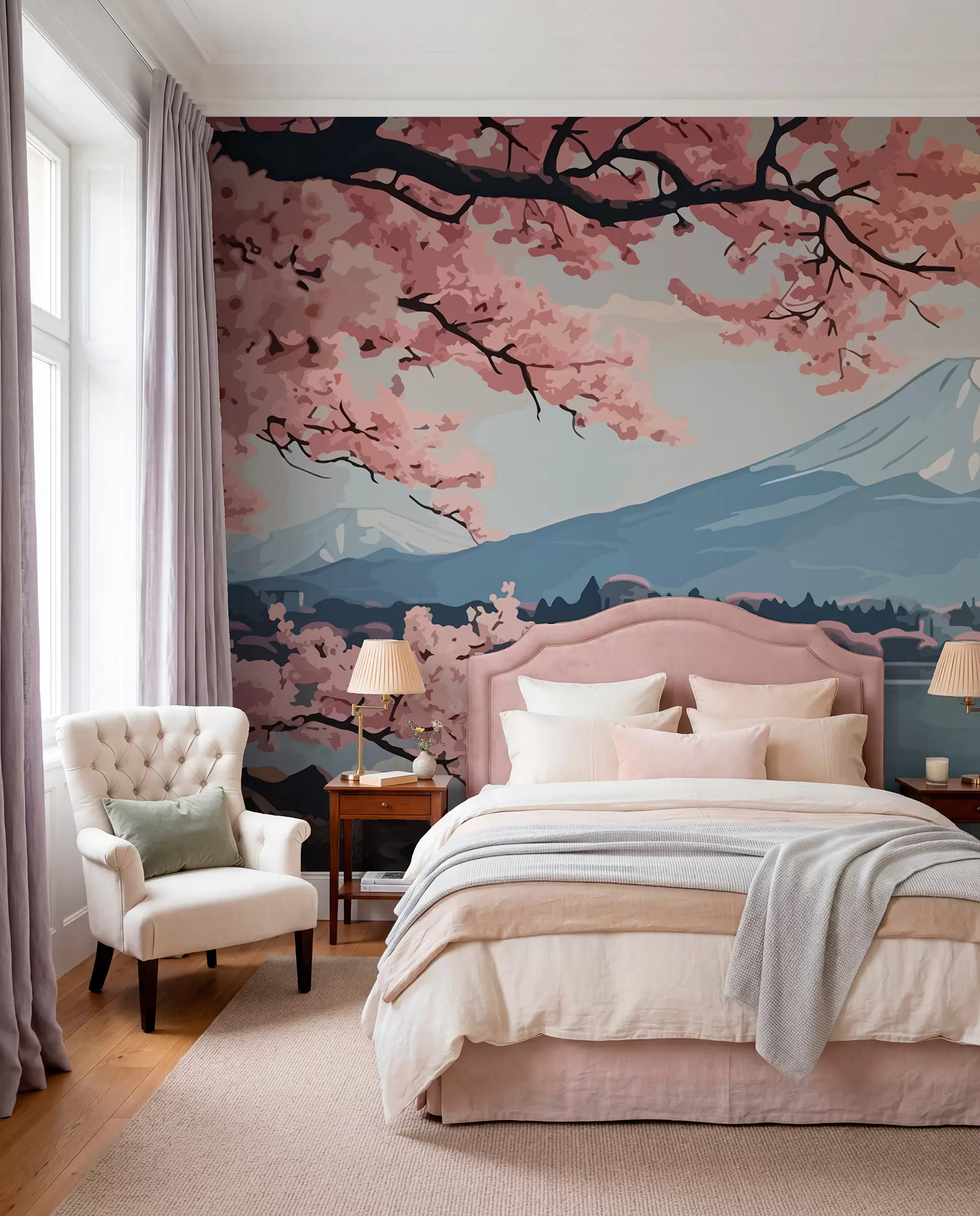murais de parede Sakura, montanhas, aguarela w01664