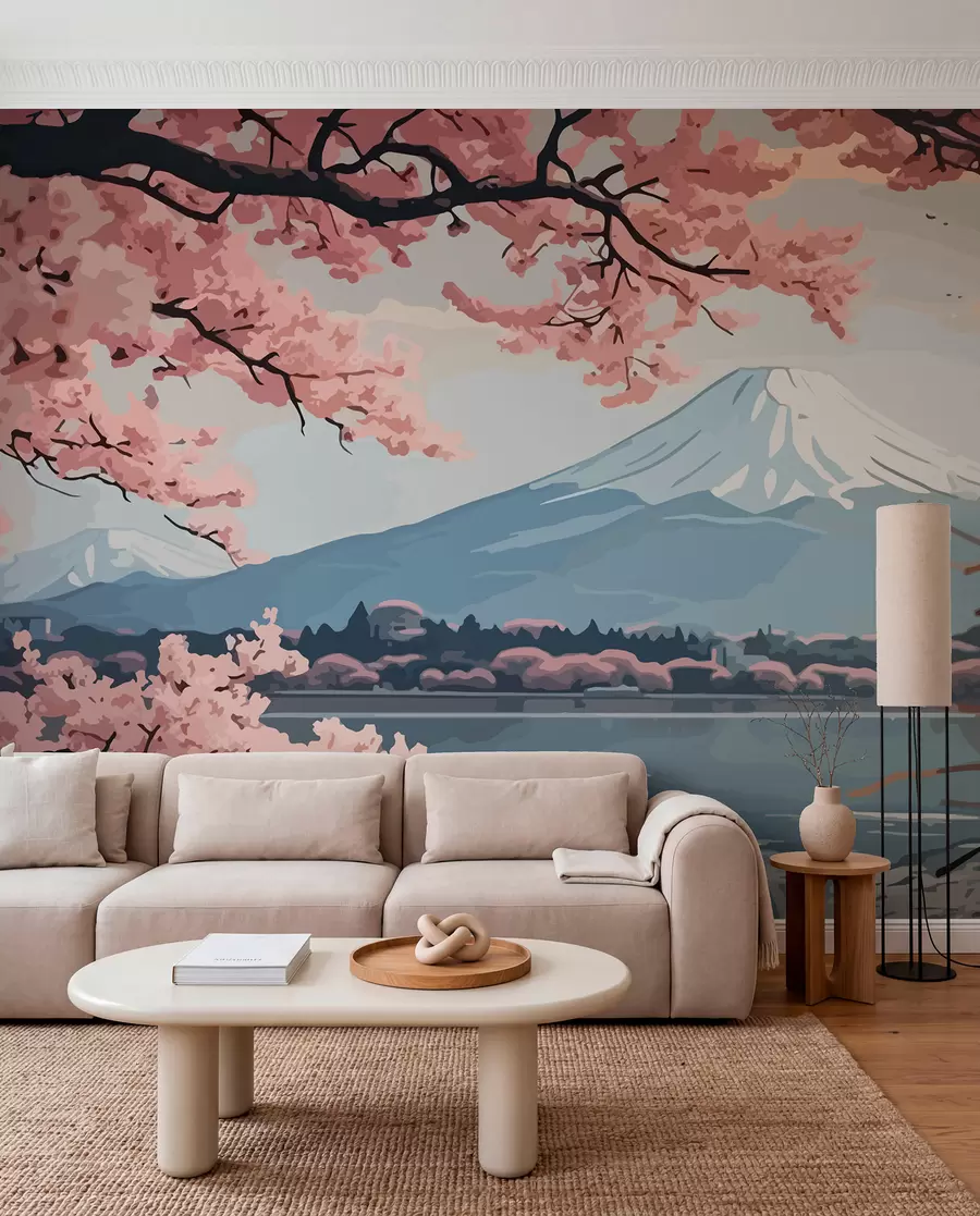 murais de parede Sakura, montanhas, aguarela w01664