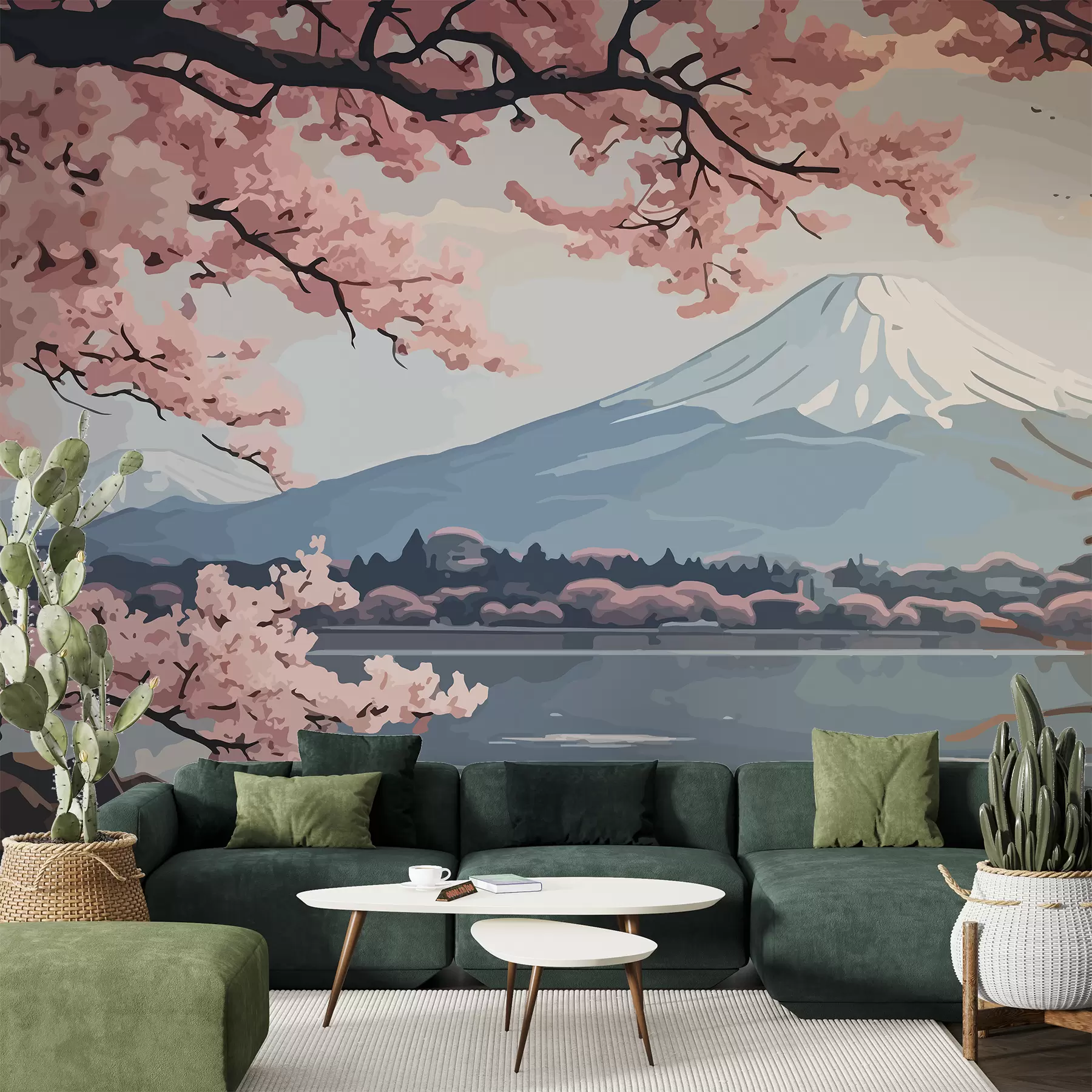 murais de parede Sakura, montanhas, aguarela w01664