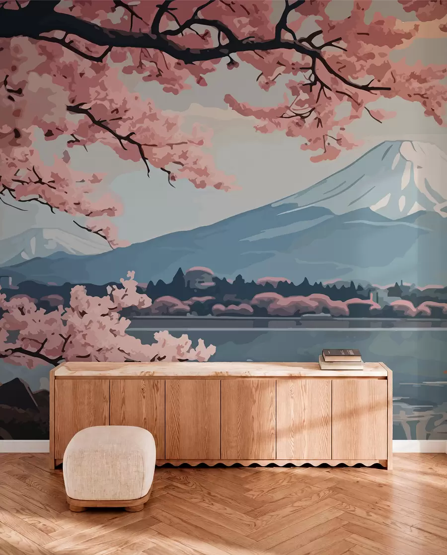 murais de parede Sakura, montanhas, aguarela w01664