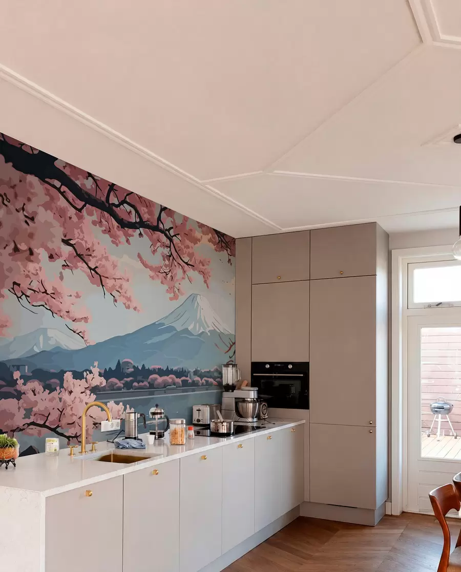 murais de parede Sakura, montanhas, aguarela w01664