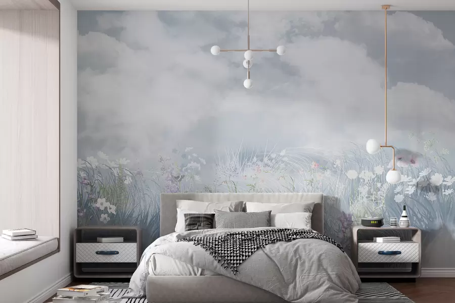 murais de parede Flores silvestres e ervas com céu e nuvens dos Balcãs w01624
