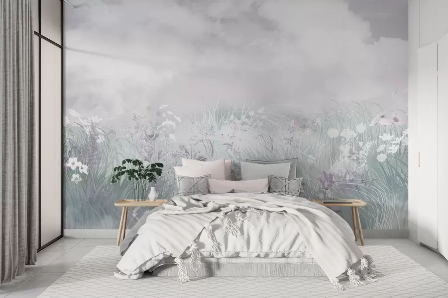 murais de parede Flores silvestres e ervas com céu e nuvens cor-de-rosa w01624v1