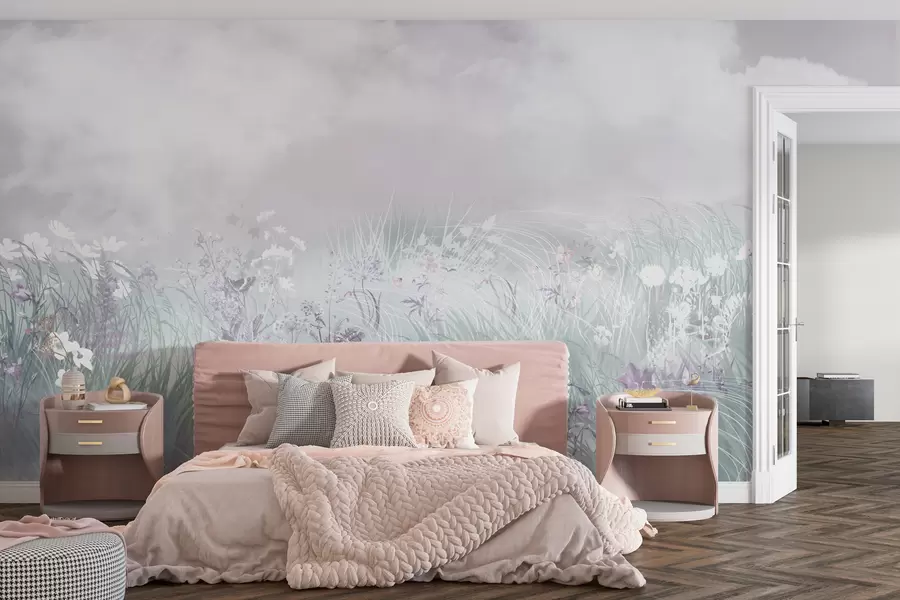murais de parede Flores silvestres e ervas com céu e nuvens cor-de-rosa w01624v1