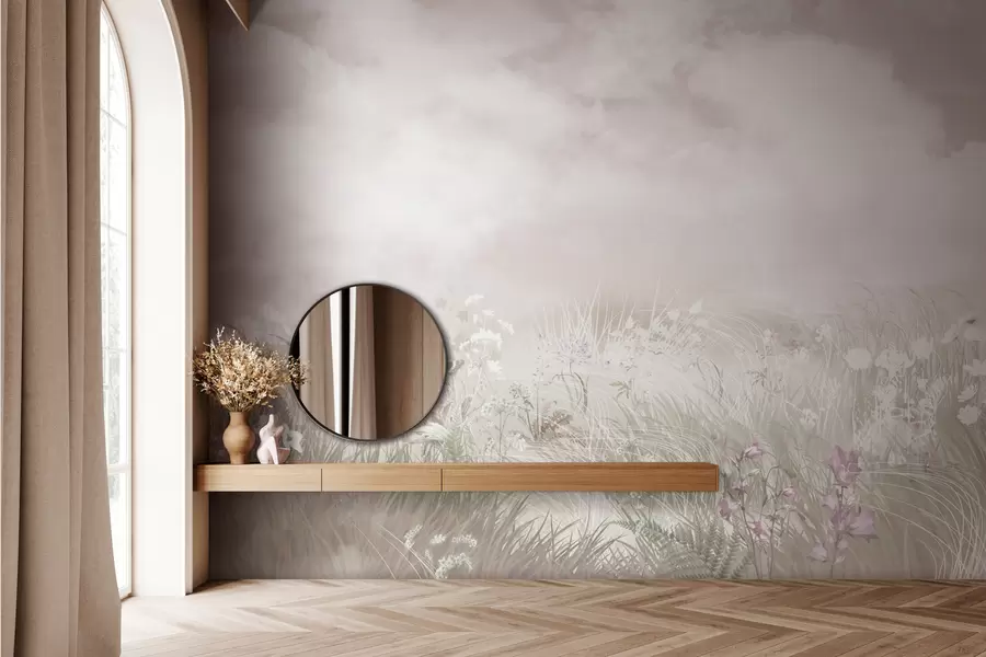 murais de parede Flores silvestres e ervas com céu e nuvens cor-de-rosa pálido w01624v4