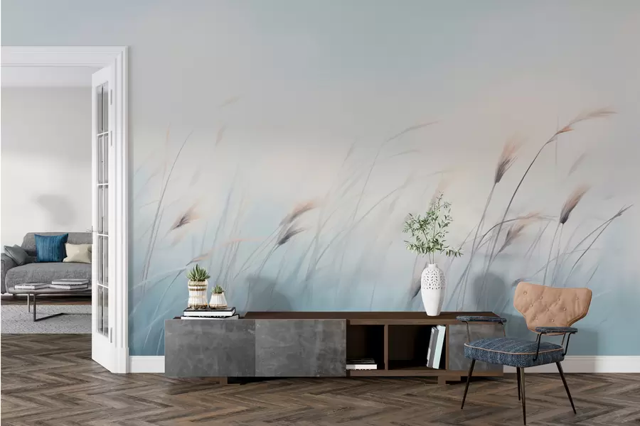 murais de parede Ervas delicadas sobre um fundo azul w01643