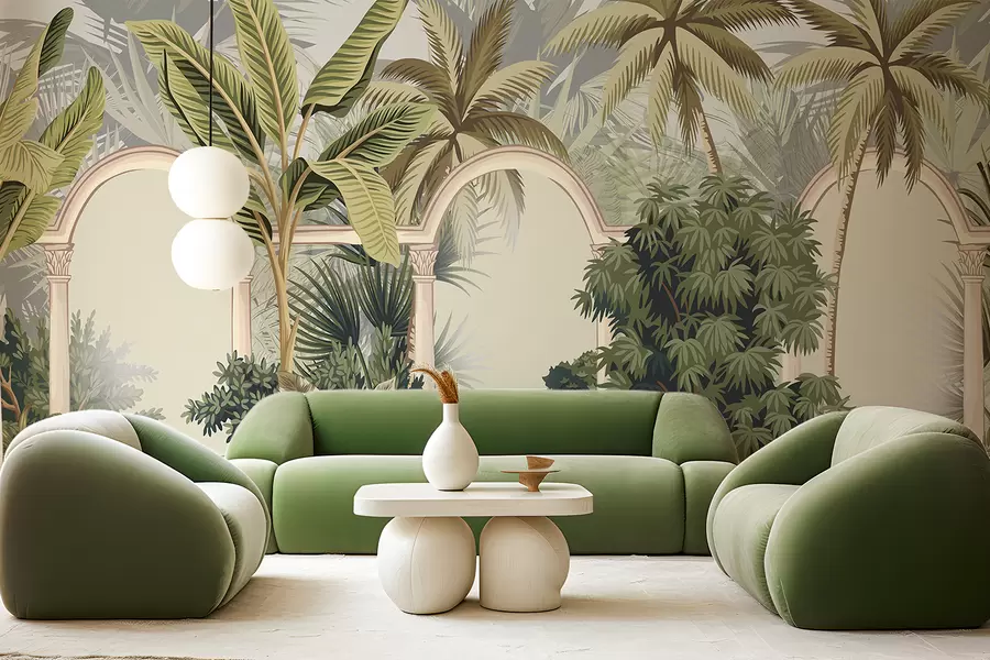 murais de parede Arcos com paisagem tropical, palmeiras exuberantes e outras folhagens num fundo claro w08306