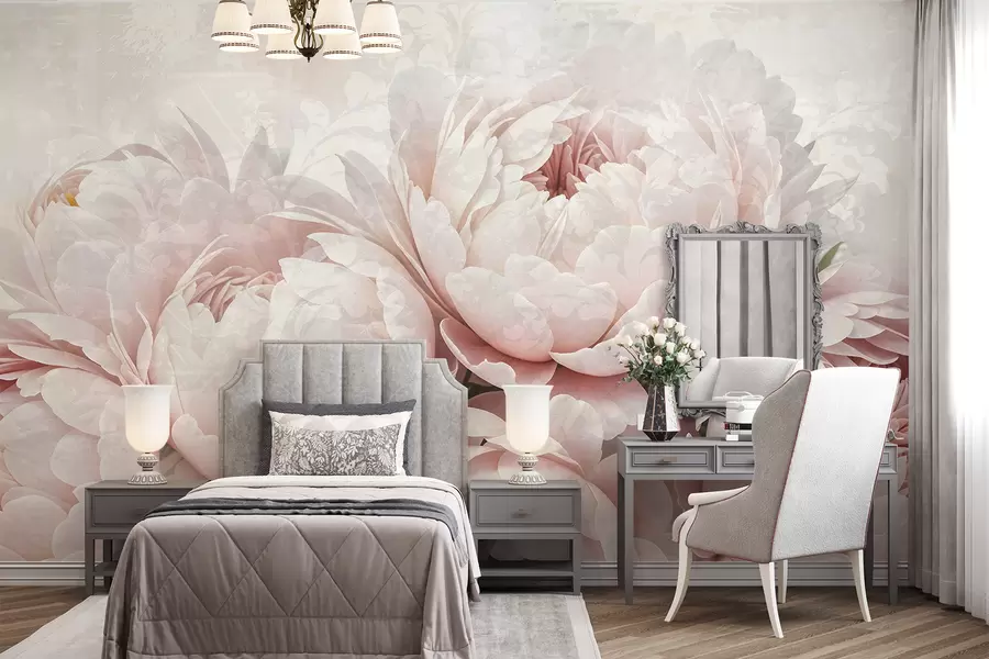 murais de parede Peónias cor-de-rosa suaves com pétalas delicadas sobre um fundo vintage com textura clara w08312