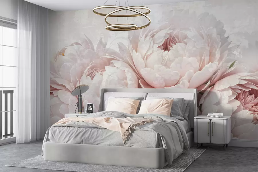 murais de parede Peónias cor-de-rosa suaves com pétalas delicadas sobre um fundo vintage com textura clara w08312