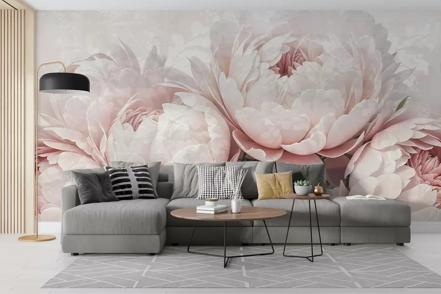 murais de parede Peónias cor-de-rosa suaves com pétalas delicadas sobre um fundo vintage com textura clara w08312