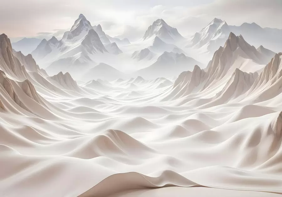 murais de parede Picos de montanhas nevadas que emergem de uma paisagem nebulosa e etérea com colinas e vales ondulantes w08313