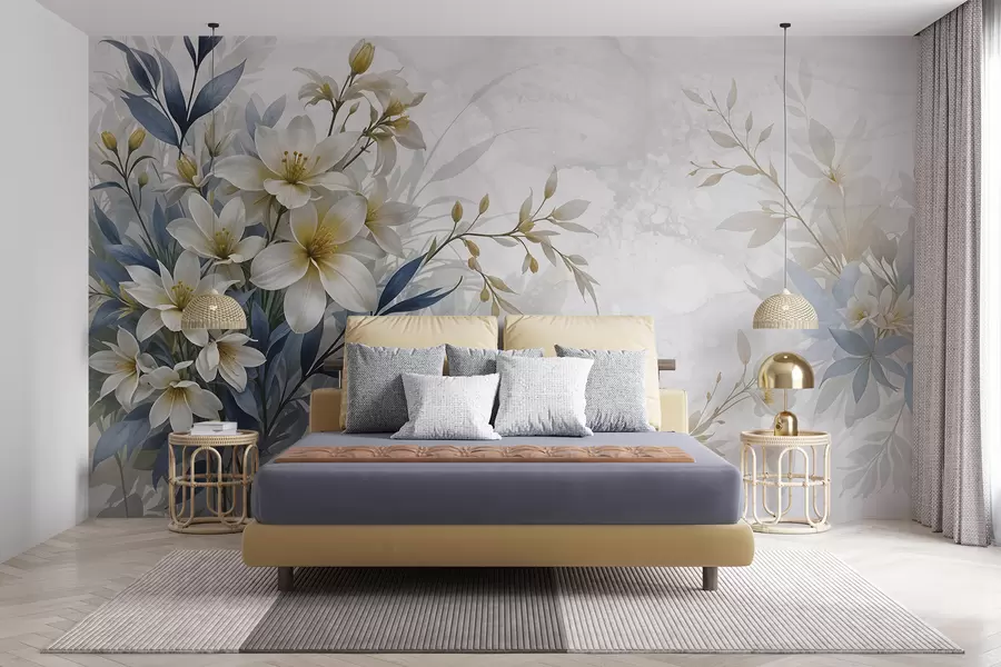 murais de parede Ramo floral branco, bege e azul com folhas delicadas sobre um fundo suave e desfocado w08314