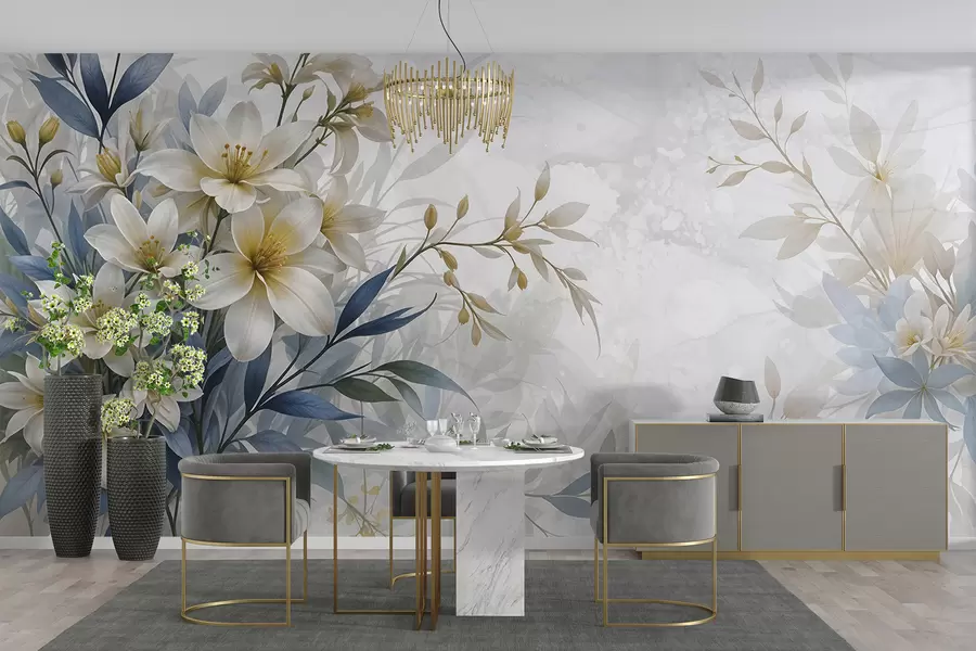 murais de parede Ramo floral branco, bege e azul com folhas delicadas sobre um fundo suave e desfocado w08314
