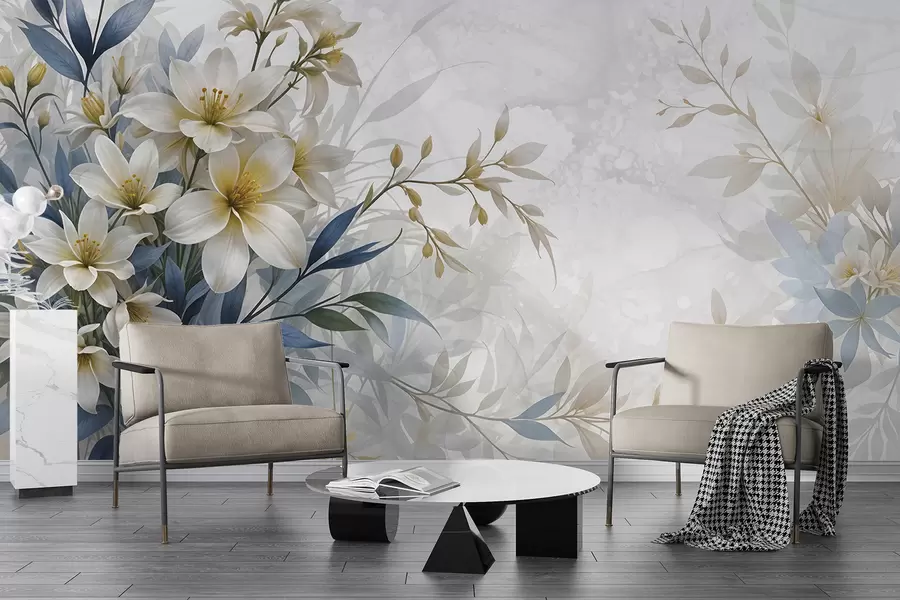 murais de parede Ramo floral branco, bege e azul com folhas delicadas sobre um fundo suave e desfocado w08314
