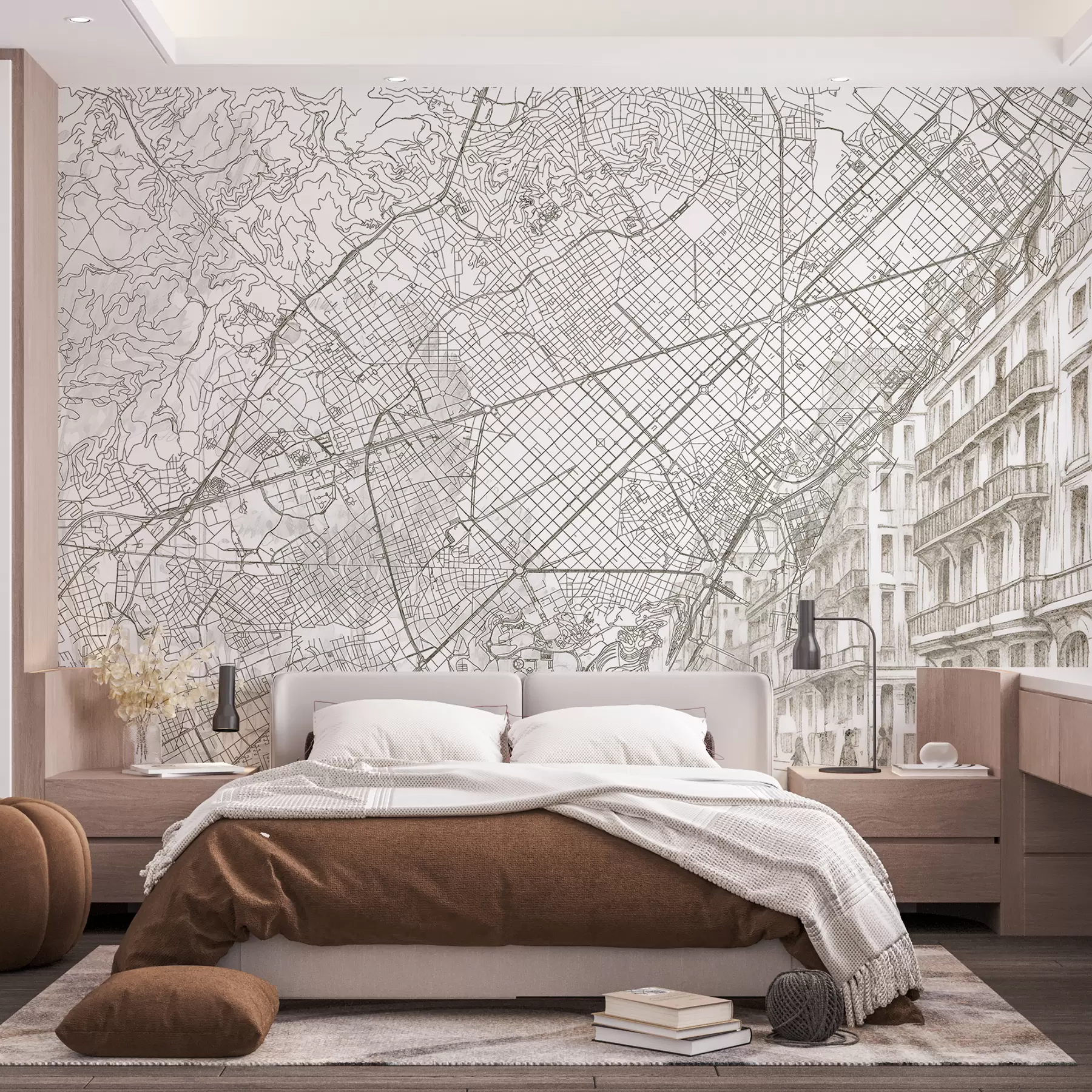 murais de parede Mapa da cidade de Barcelona, desenho de linhas, arquitetura, Espanha, cores bege w01695