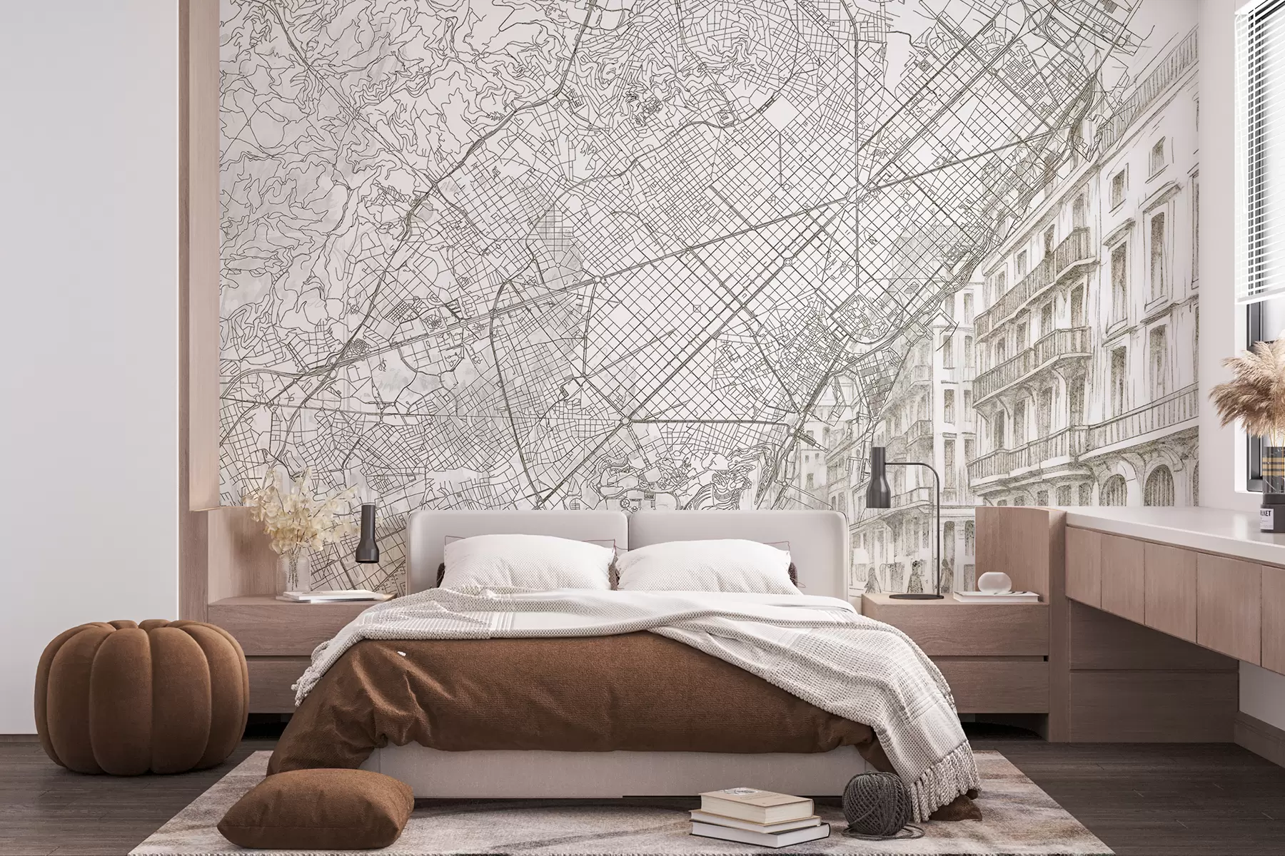 murais de parede Mapa da cidade de Barcelona, desenho de linhas, arquitetura, Espanha, cores bege w01695