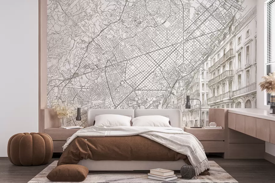 murais de parede Mapa da cidade de Barcelona, desenho de linhas, arquitetura, Espanha, cores bege w01695