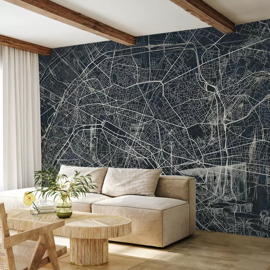 murais de parede Mapa da cidade de Paris, desenho de linhas, arquitetura, França, cores escuras w01697v1