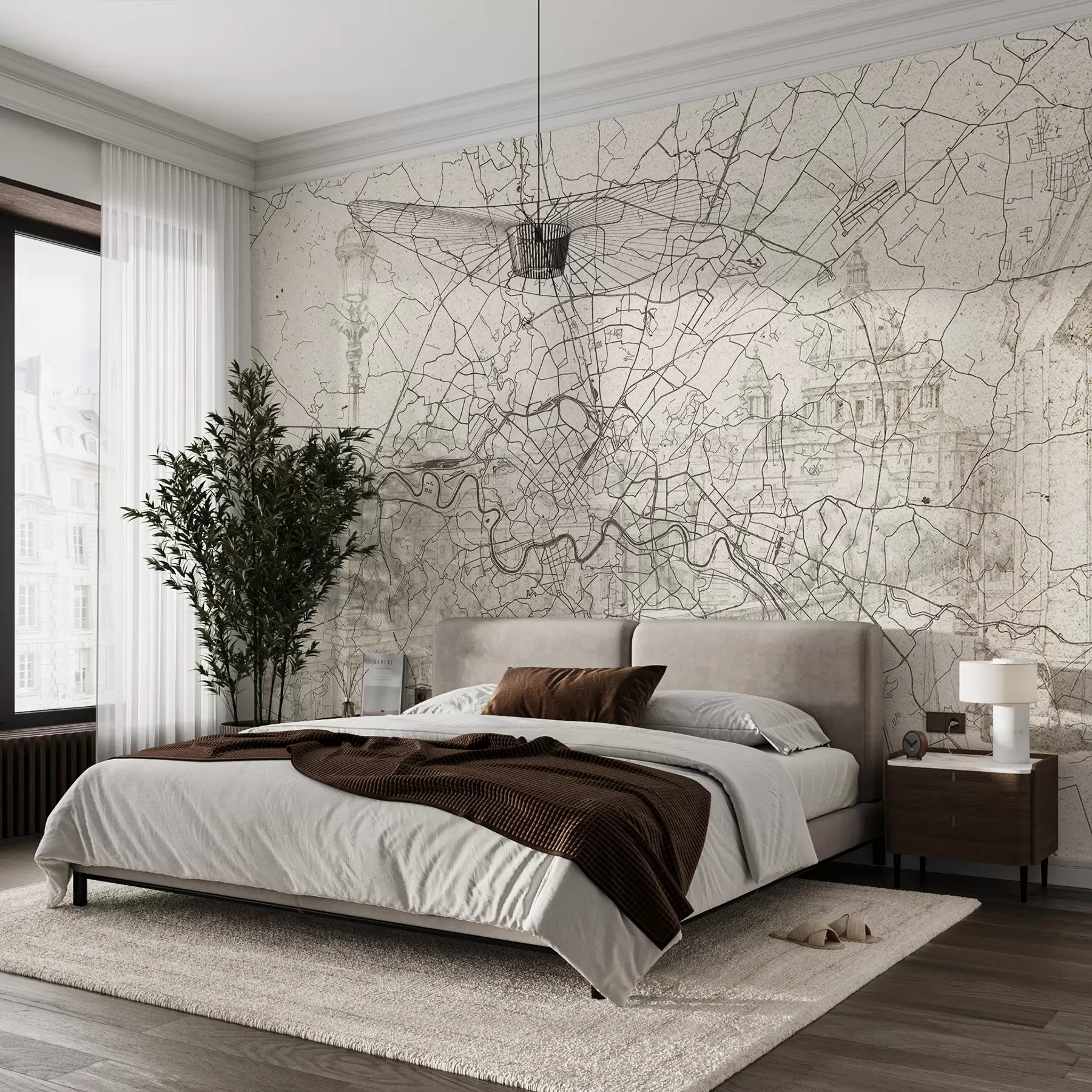 murais de parede Mapa da cidade de Roma, desenho de linhas, arquitetura, Itália, cores bege w01698