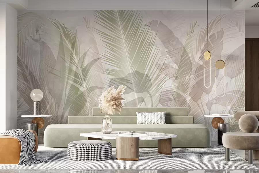 murais de parede Folhas de palmeiras tropicais em tons pastel suaves, com um fundo texturado esbatido e enevoado w08326