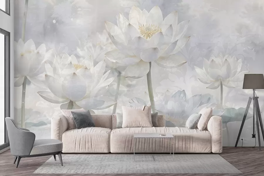 murais de parede Flores de lótus brancas num fundo etéreo e enevoado de uma paisagem pastel abstrata w08328