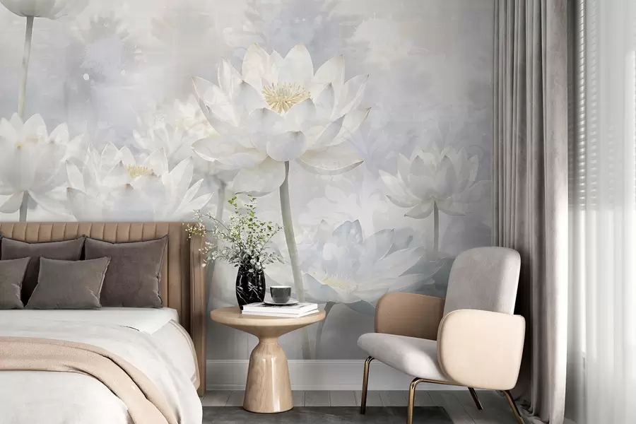 murais de parede Flores de lótus brancas num fundo etéreo e enevoado de uma paisagem pastel abstrata w08328