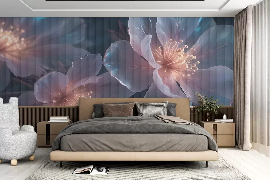 murais de parede Delicadas flores transparentes cor-de-rosa e azuis com pétalas suaves e esbatidas e centros brilhantes sobre um fundo escuro w08329