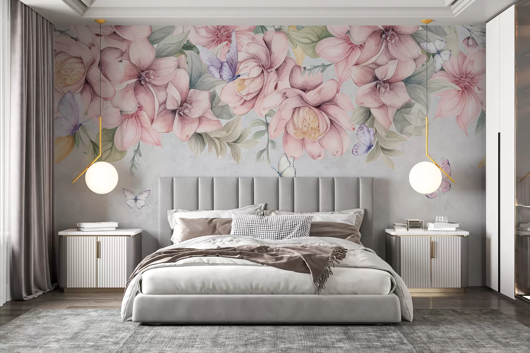 murais de parede Flores suaves cor-de-rosa e brancas com flores e folhas delicadas sobre fundo cinzento texturado w08331