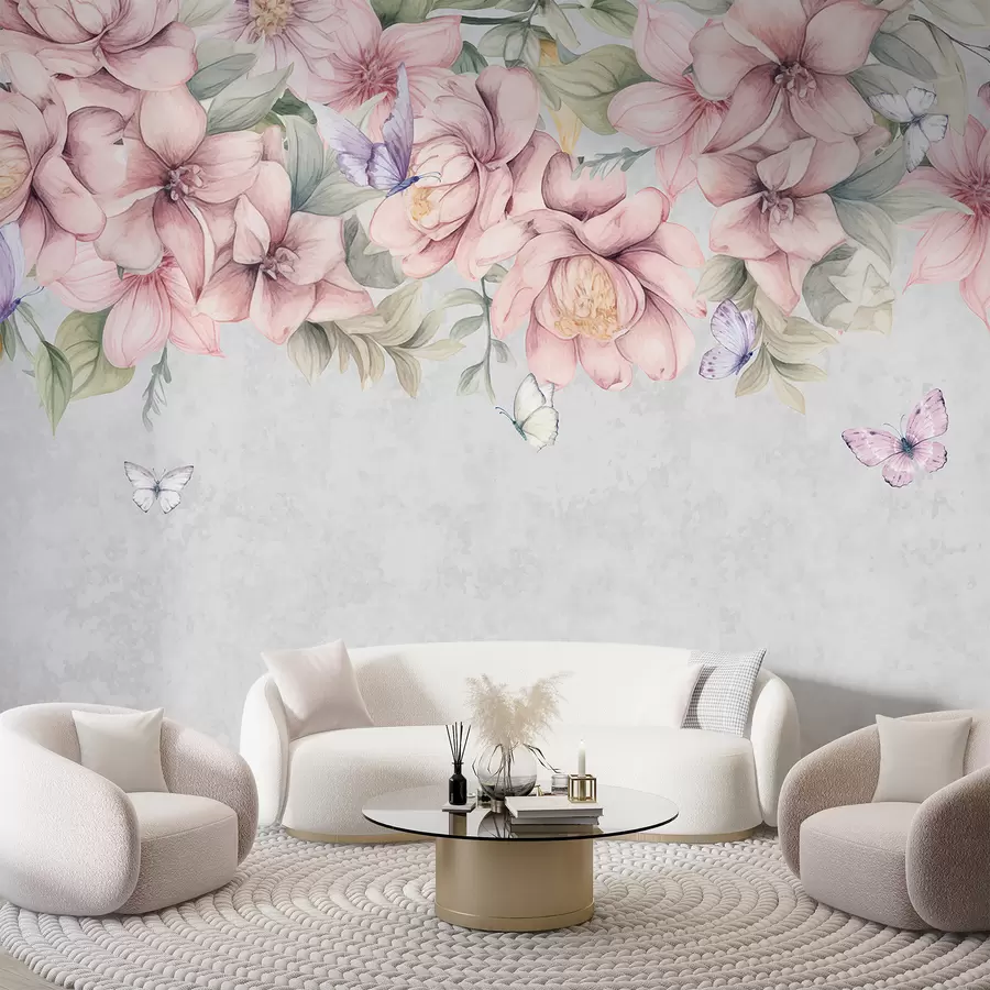 murais de parede Flores suaves cor-de-rosa e brancas com flores e folhas delicadas sobre fundo cinzento texturado w08331