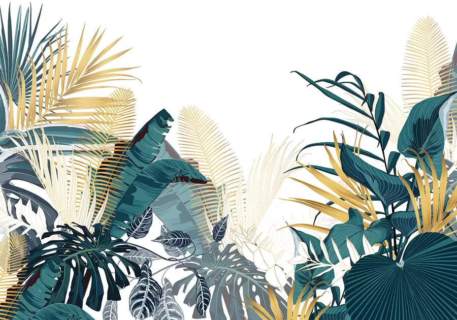 murais de parede Uma folhagem verde tropical exuberante, incluindo folhas de palmeira, fetos e outras plantas exóticas em tons de verde escuro e laranja w08338