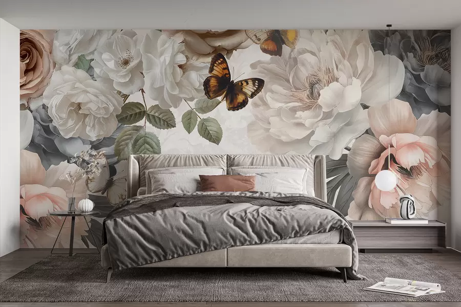 murais de parede Grandes flores de peónia brancas e cor-de-rosa com uma borboleta pousada numa das flores sobre um fundo suave e desfocado w08340