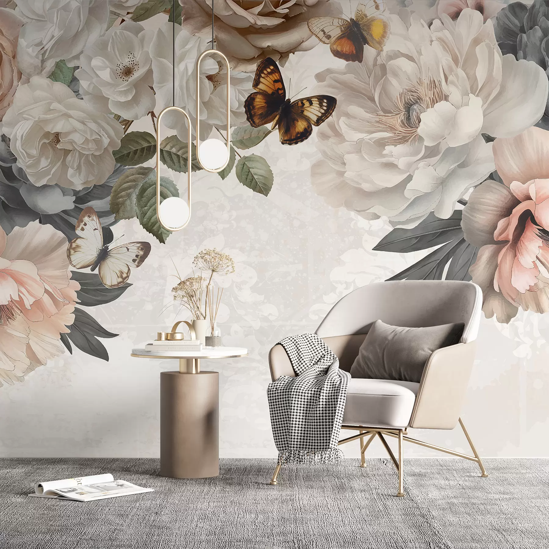 murais de parede Grandes flores de peónia brancas e cor-de-rosa com uma borboleta pousada numa das flores sobre um fundo suave e desfocado w08340