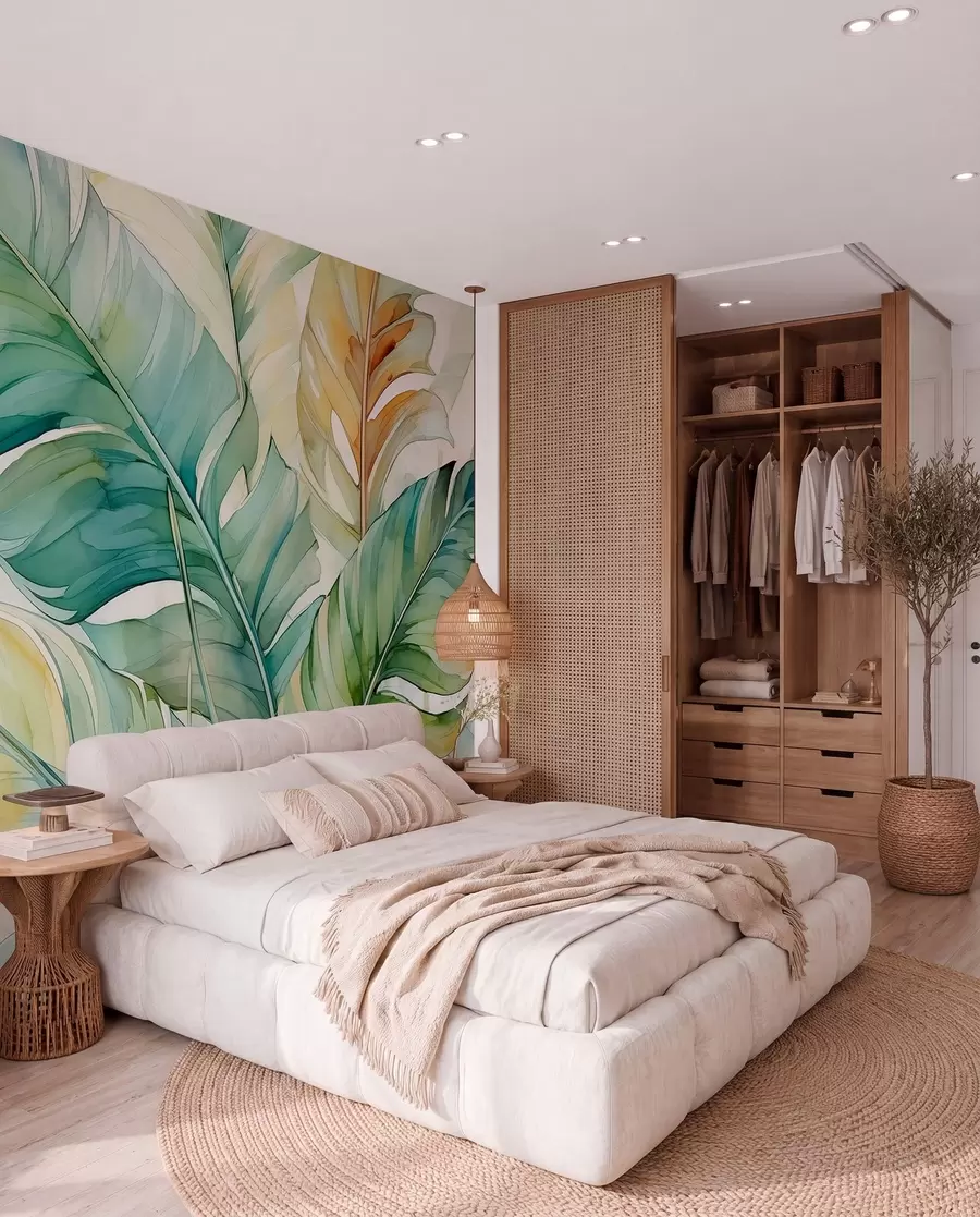 murais de parede Banana tropical folhas de palmeira aguarela húmida w01775