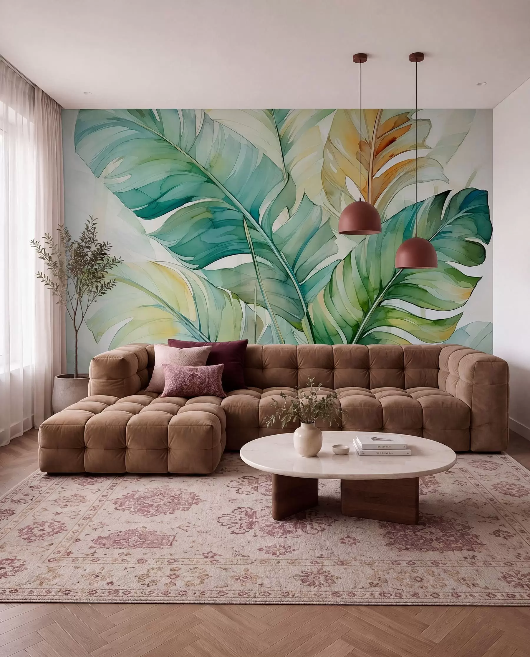murais de parede Banana tropical folhas de palmeira aguarela húmida w01775