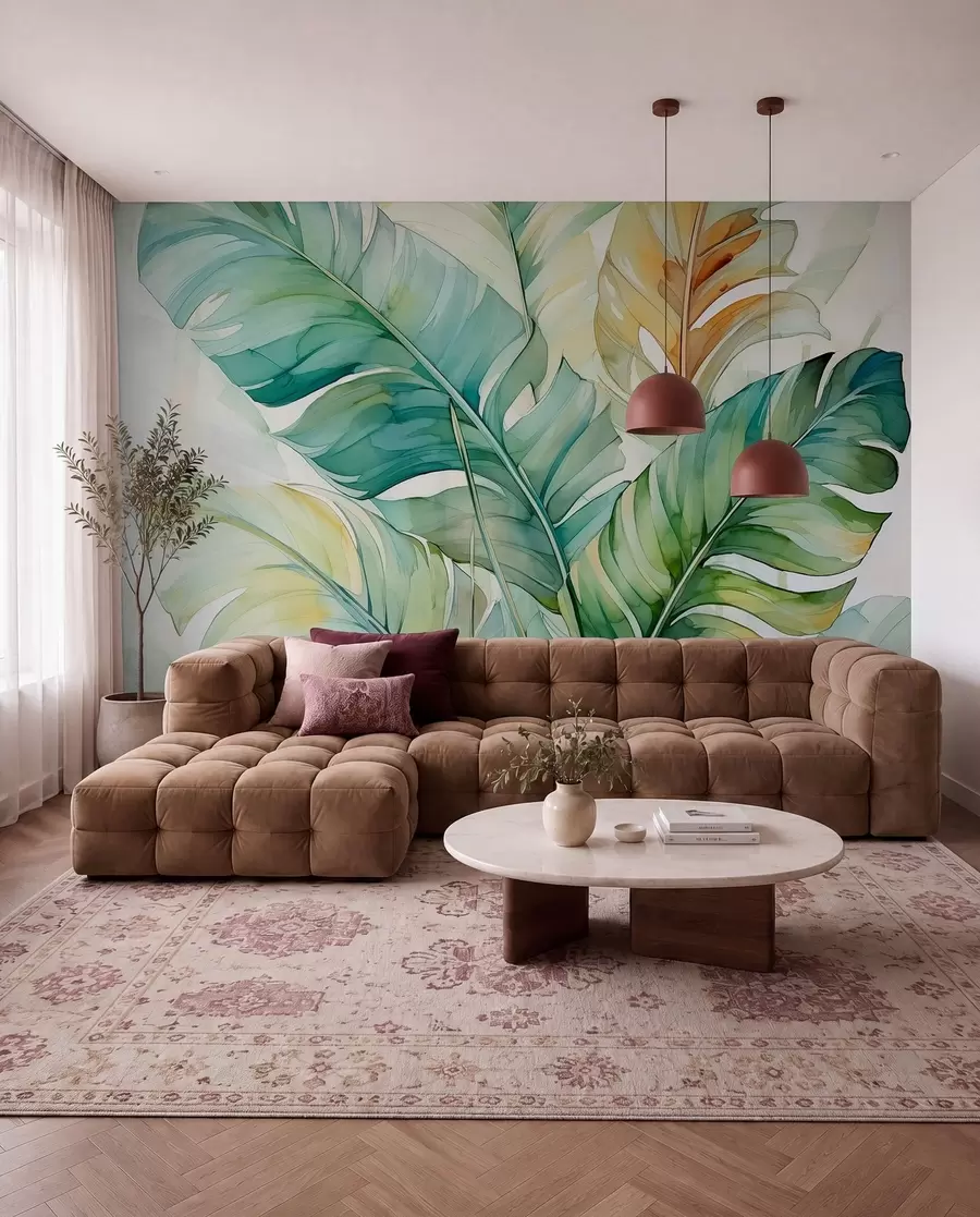 murais de parede Banana tropical folhas de palmeira aguarela húmida w01775