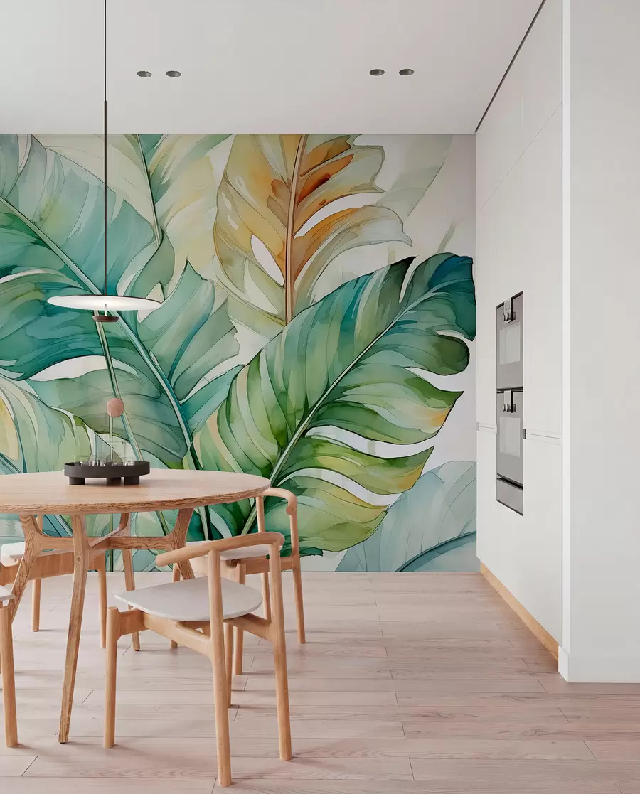 murais de parede Banana tropical folhas de palmeira aguarela húmida w01775