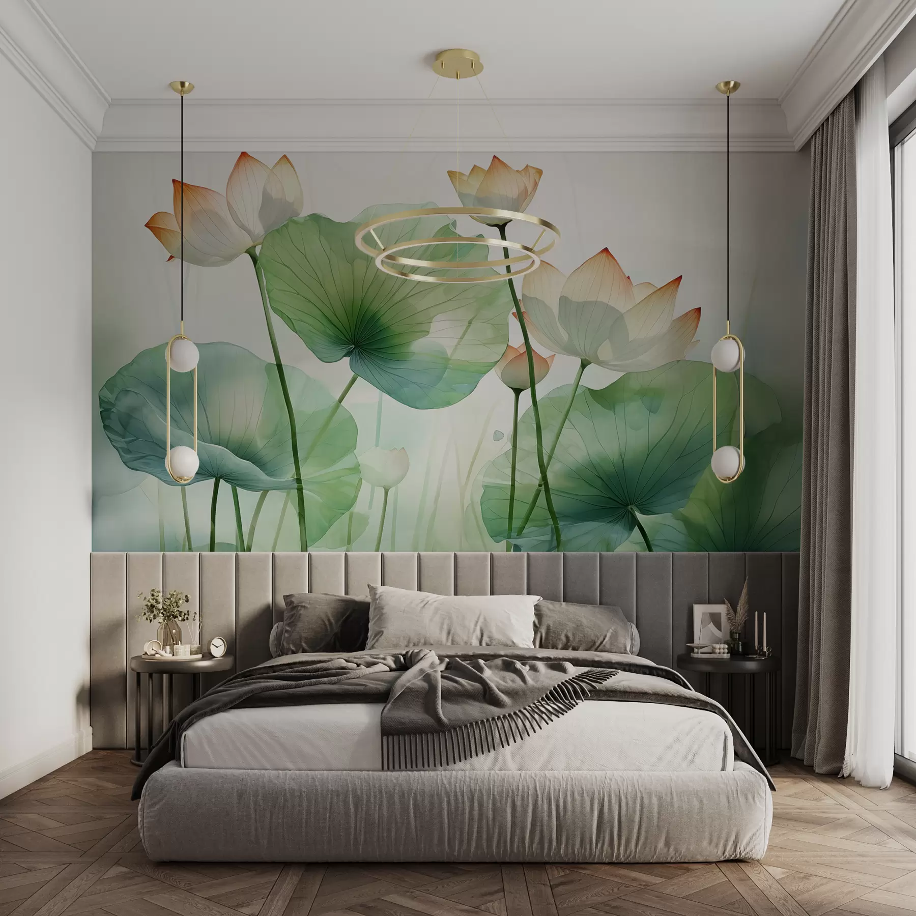 murais de parede Folhas e flores de nenúfar, lótus, aguarela húmida w01778
