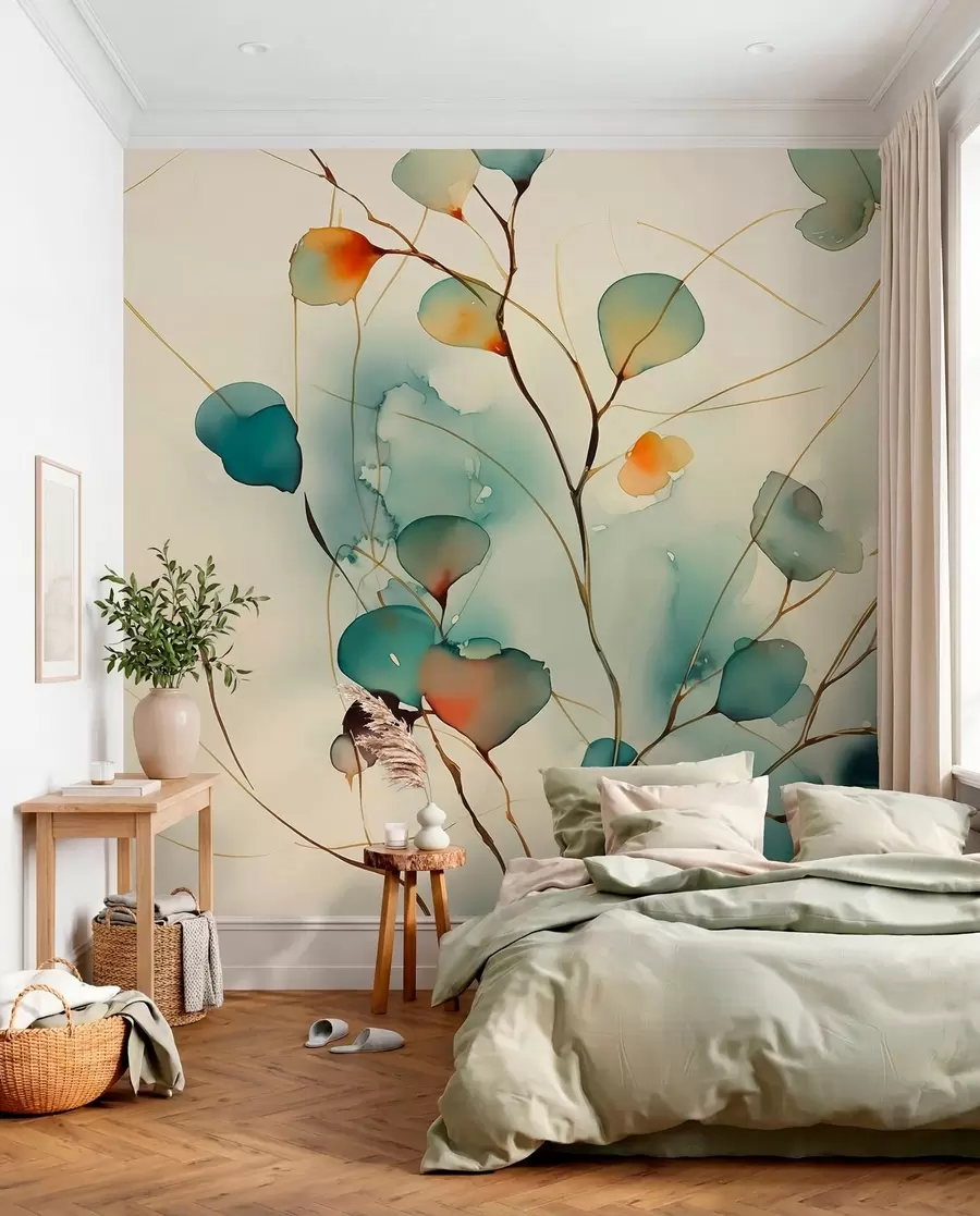 murais de parede Ramos abstractos com folhas esbatidas aguarela húmida w01779
