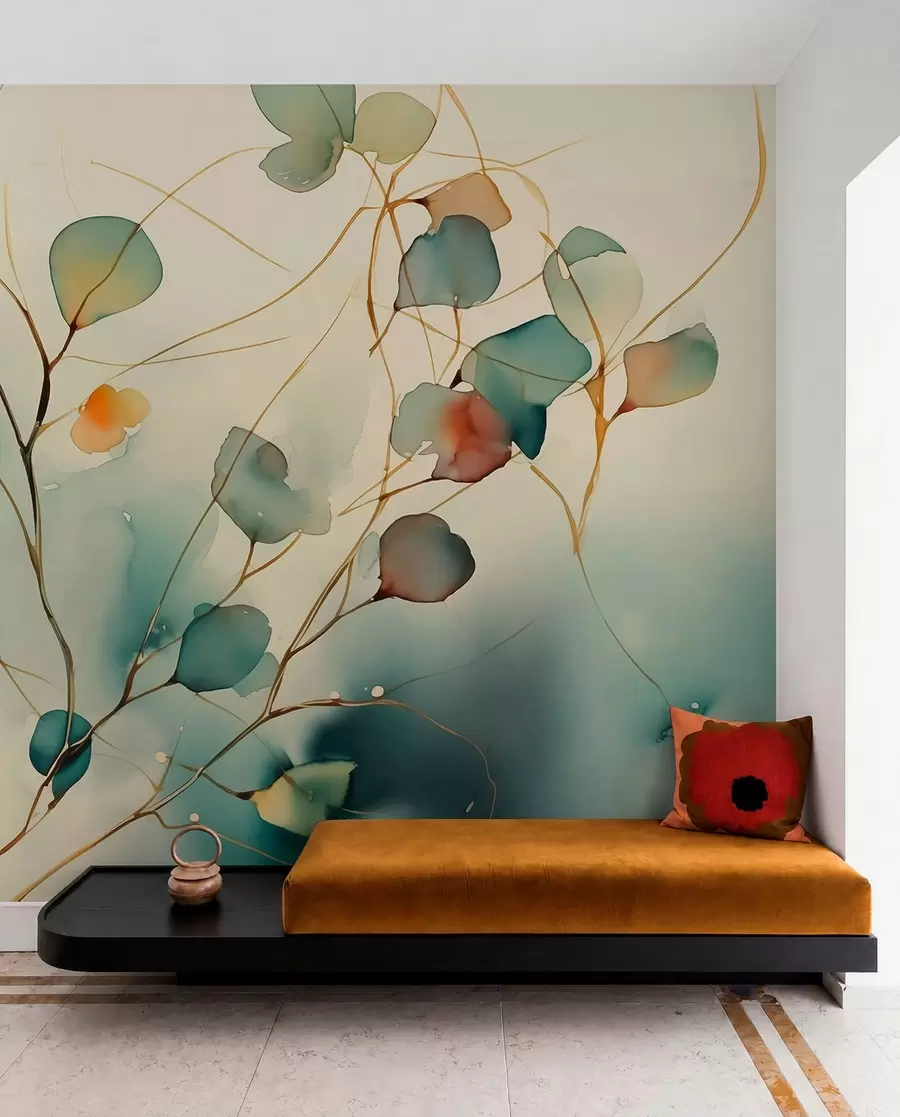 murais de parede Ramos abstractos com folhas esbatidas aguarela húmida w01779