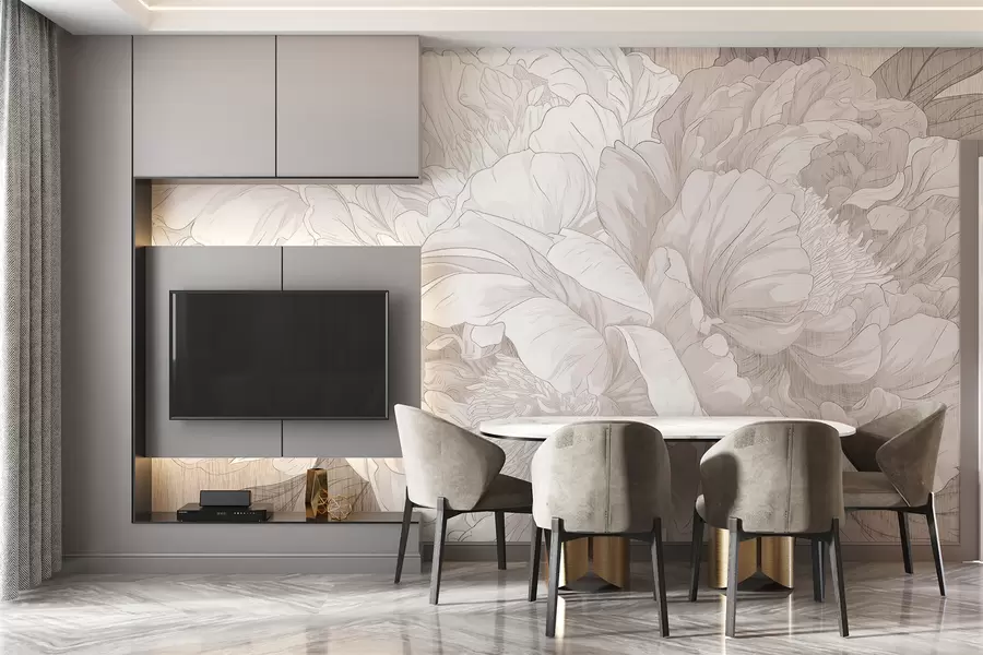 murais de parede Flores de peónia grandes com textura em tons de bege w01141