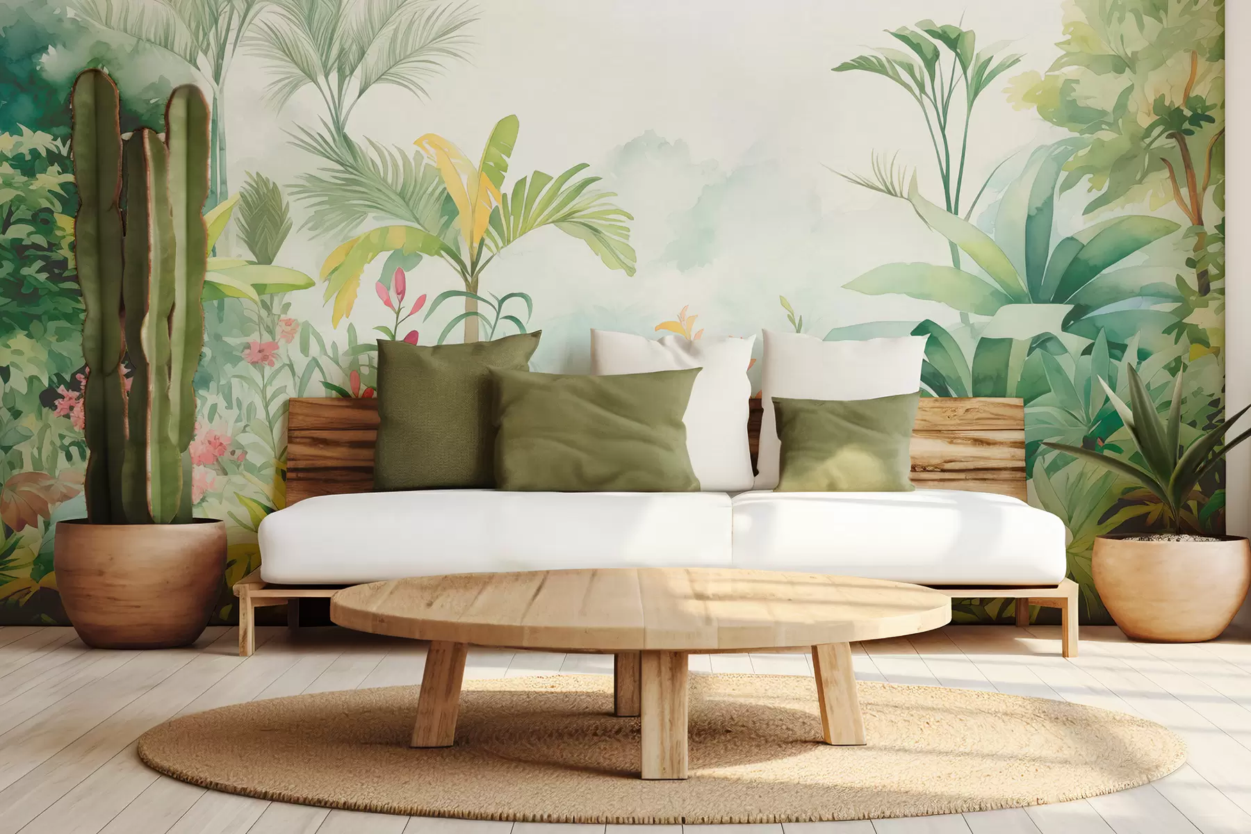 murais de parede Floresta da selva, aguarela, palmeiras, floral, cores suaves w01785