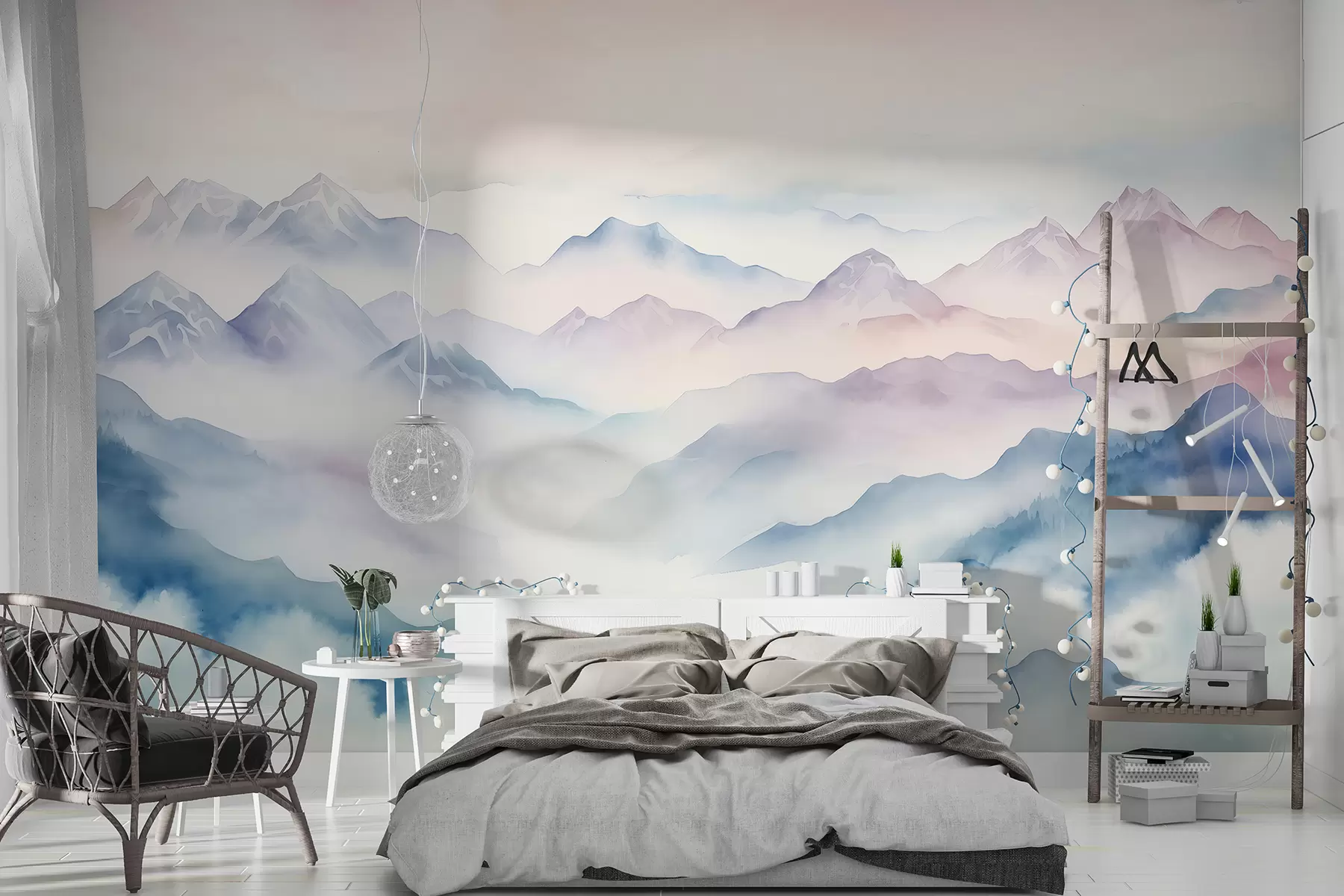murais de parede Paisagem de montanhas etéreas, nuvens, aguarela w01791