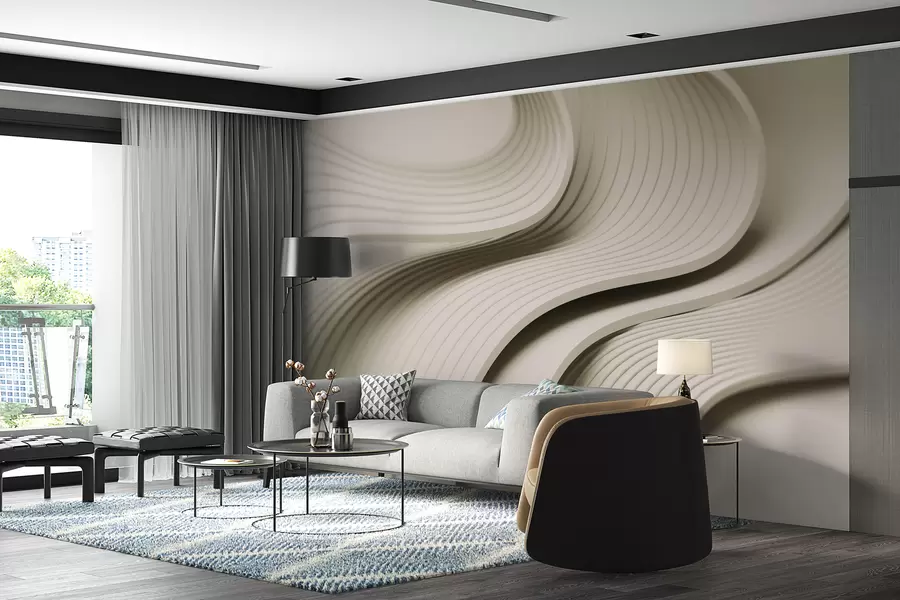 murais de parede Ondas volumosas elegantes em estilo 3D em tons de bege w01147v2