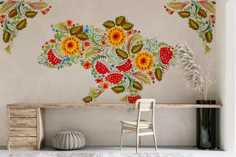 murais de parede Mapa da Ucrânia ao estilo da pintura de Petrikov sobre um fundo bege claro w01149