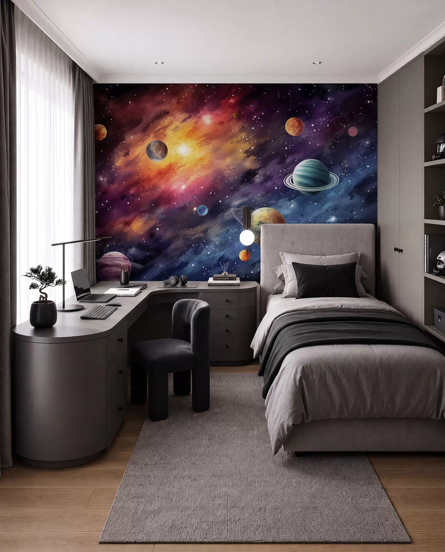 murais de parede Espaço com planetas e estrelas, aguarela, cósmico w01798