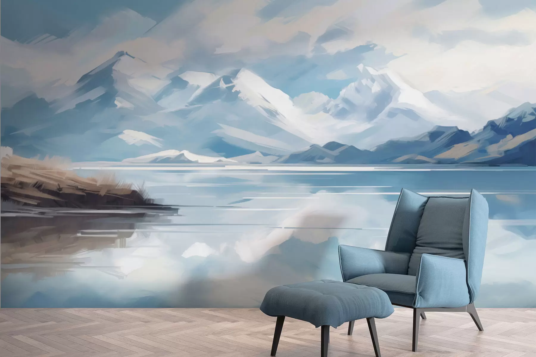 murais de parede Paisagem de montanhas e lago num dia de inverno w01683