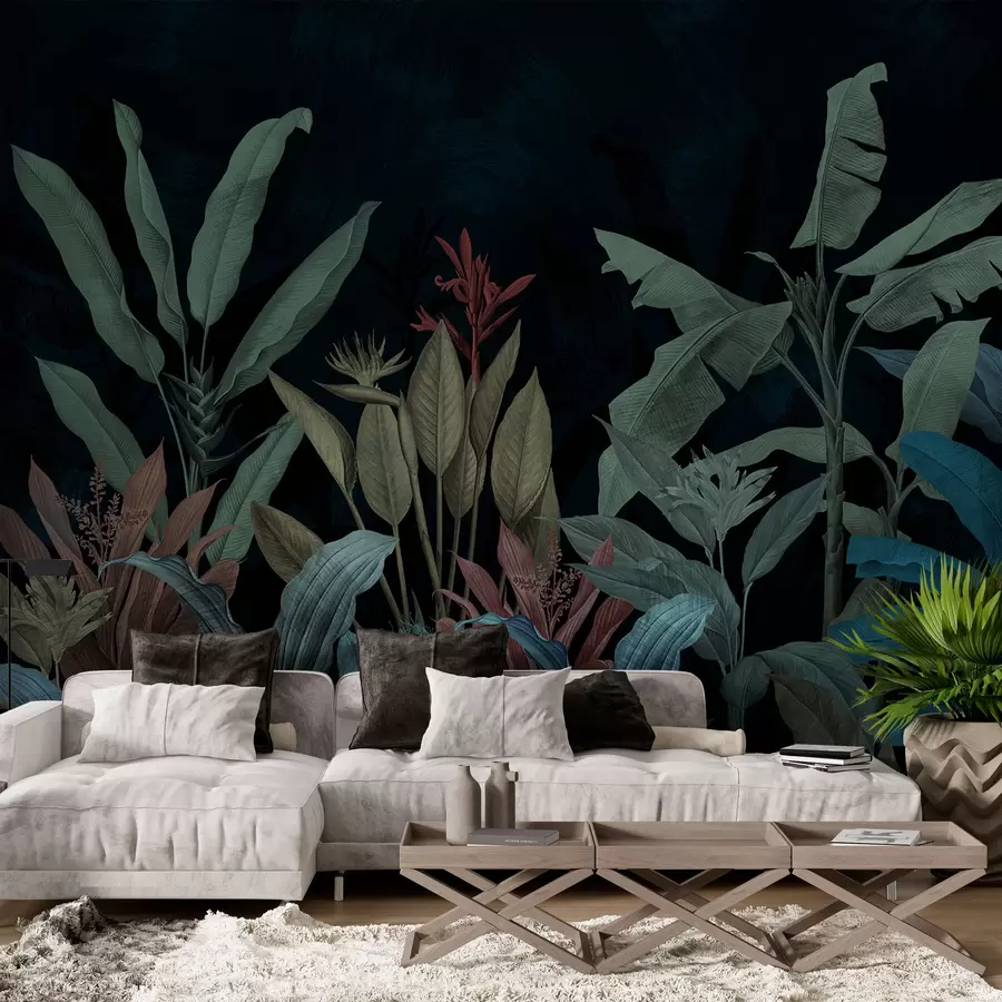 murais de parede Folhas e flores tropicais sobre um fundo escuro w01834
