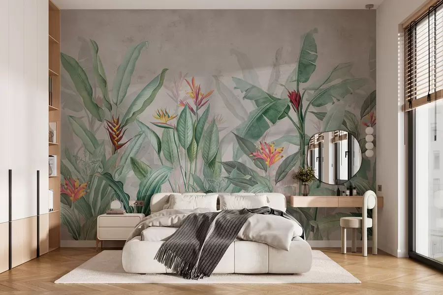 murais de parede Folhas e flores tropicais sobre um fundo claro w01834v1