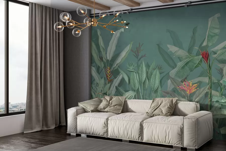 murais de parede Folhas e flores tropicais sobre um fundo verde w01834v2