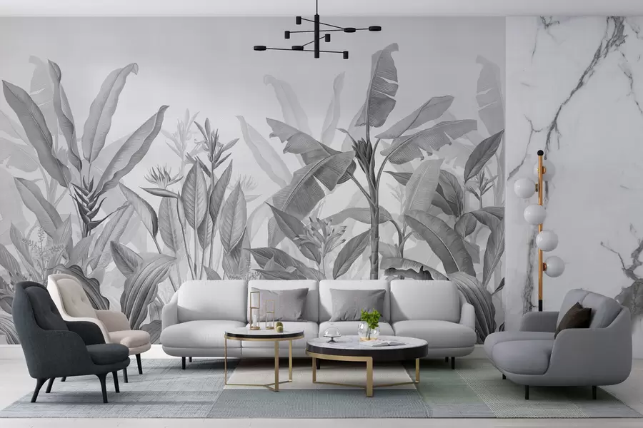 murais de parede Folhas e flores tropicais a preto e branco sobre um fundo claro w01834v3